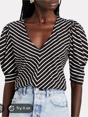 FRAME Black and White Shirred Striped Puff Sleeve V-Neck Top